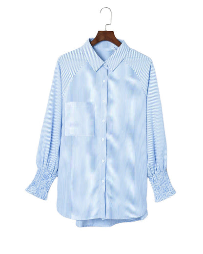 Azura Exchange Striped Boyfriend Shirt with Smocked Cuffs and Pocket - L