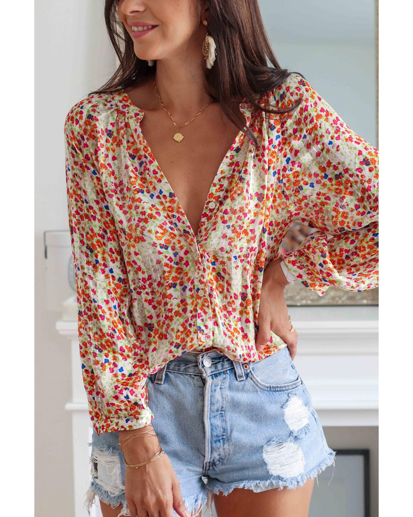 Azura Exchange Boho Floral Print Button Front Shirt - M