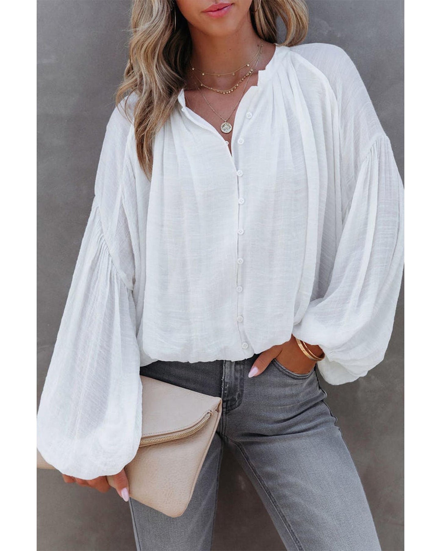 Azura Exchange V Neck Balloon Sleeve Shirt - L