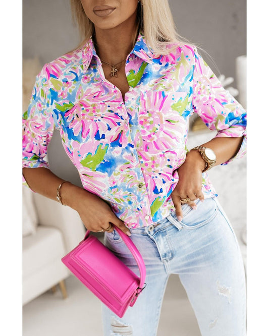 Azura Exchange Buttoned Sheath Long Sleeve Shirt with Abstract Floral Print - M