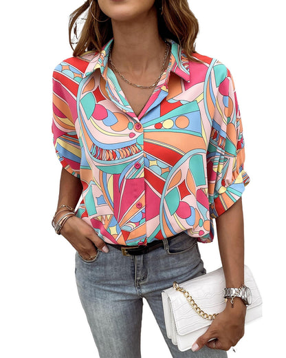 Azura Exchange Abstract Geometry Print Half Puff Sleeve Shirt - L