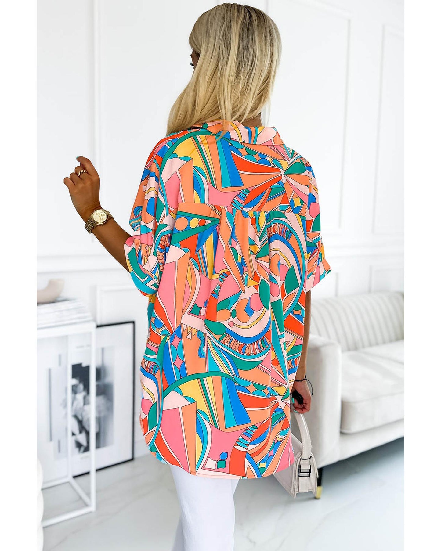 Azura Exchange Abstract Geometry Print Half Puff Sleeve Shirt - L