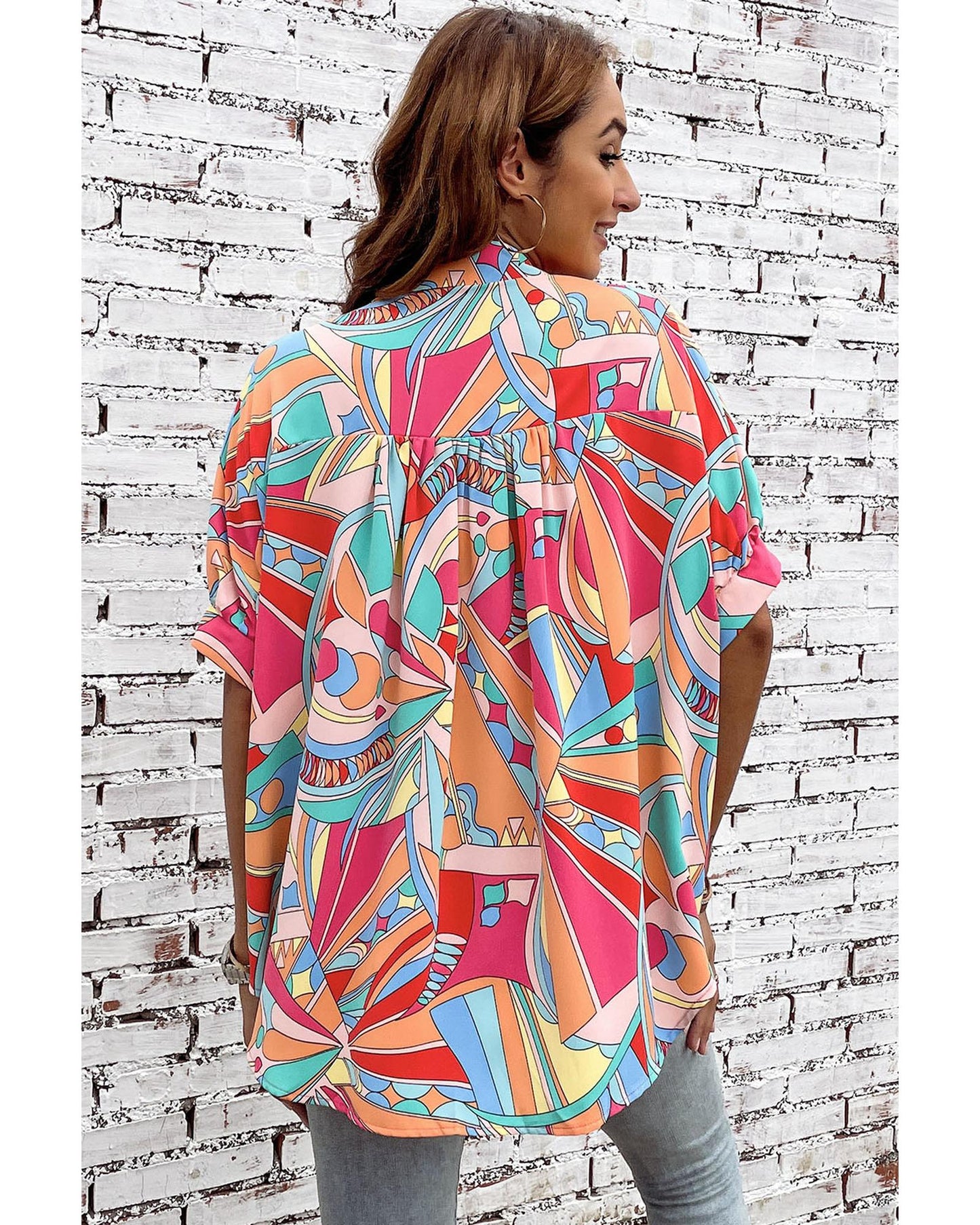 Azura Exchange Abstract Geometry Print Half Puff Sleeve Shirt - XL