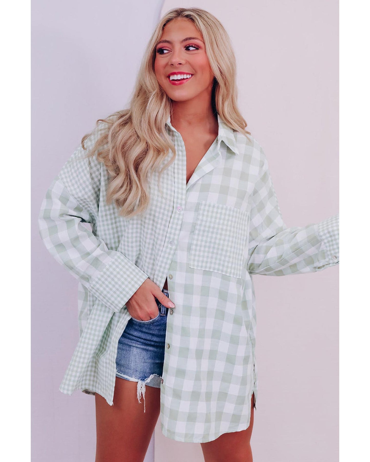 Azura Exchange Checked Patchwork Long Sleeve Shirt - M