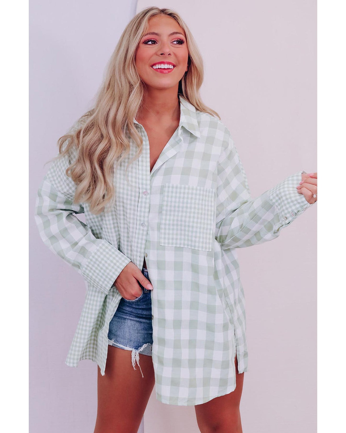 Azura Exchange Checked Patchwork Long Sleeve Shirt - M