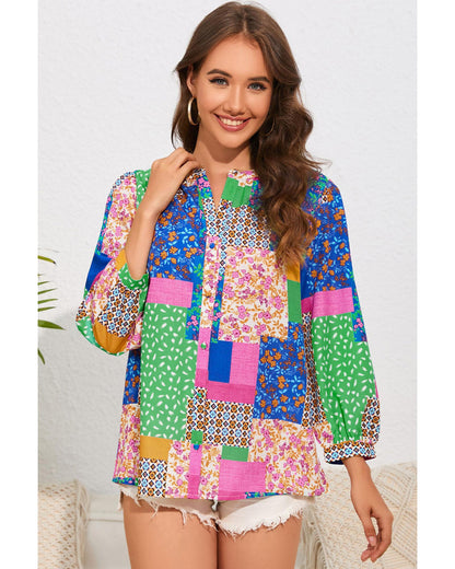 Azura Exchange Floral Patchwork Print Puff Sleeve Shirt - L