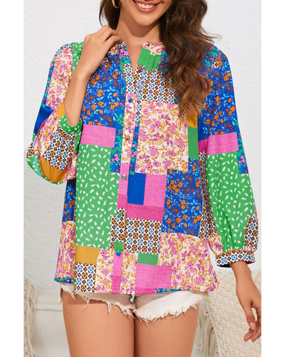 Azura Exchange Floral Patchwork Print Puff Sleeve Shirt - L