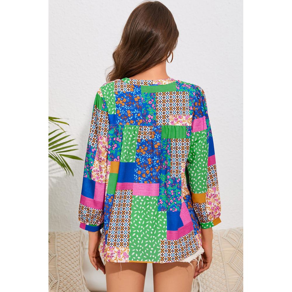 Azura Exchange Floral Patchwork Print Puff Sleeve Shirt - M