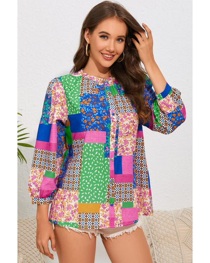 Azura Exchange Floral Patchwork Print Puff Sleeve Shirt - M