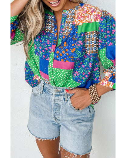 Azura Exchange Floral Patchwork Print Puff Sleeve Shirt - M