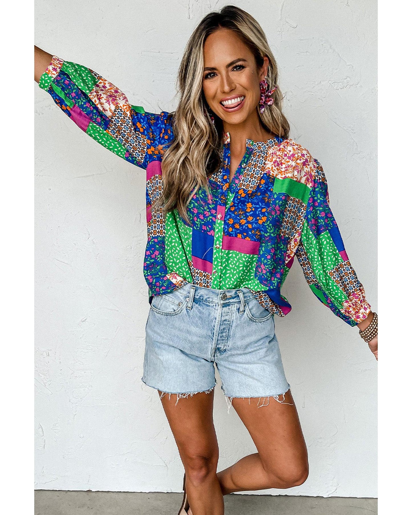 Azura Exchange Floral Patchwork Print Puff Sleeve Shirt - XL