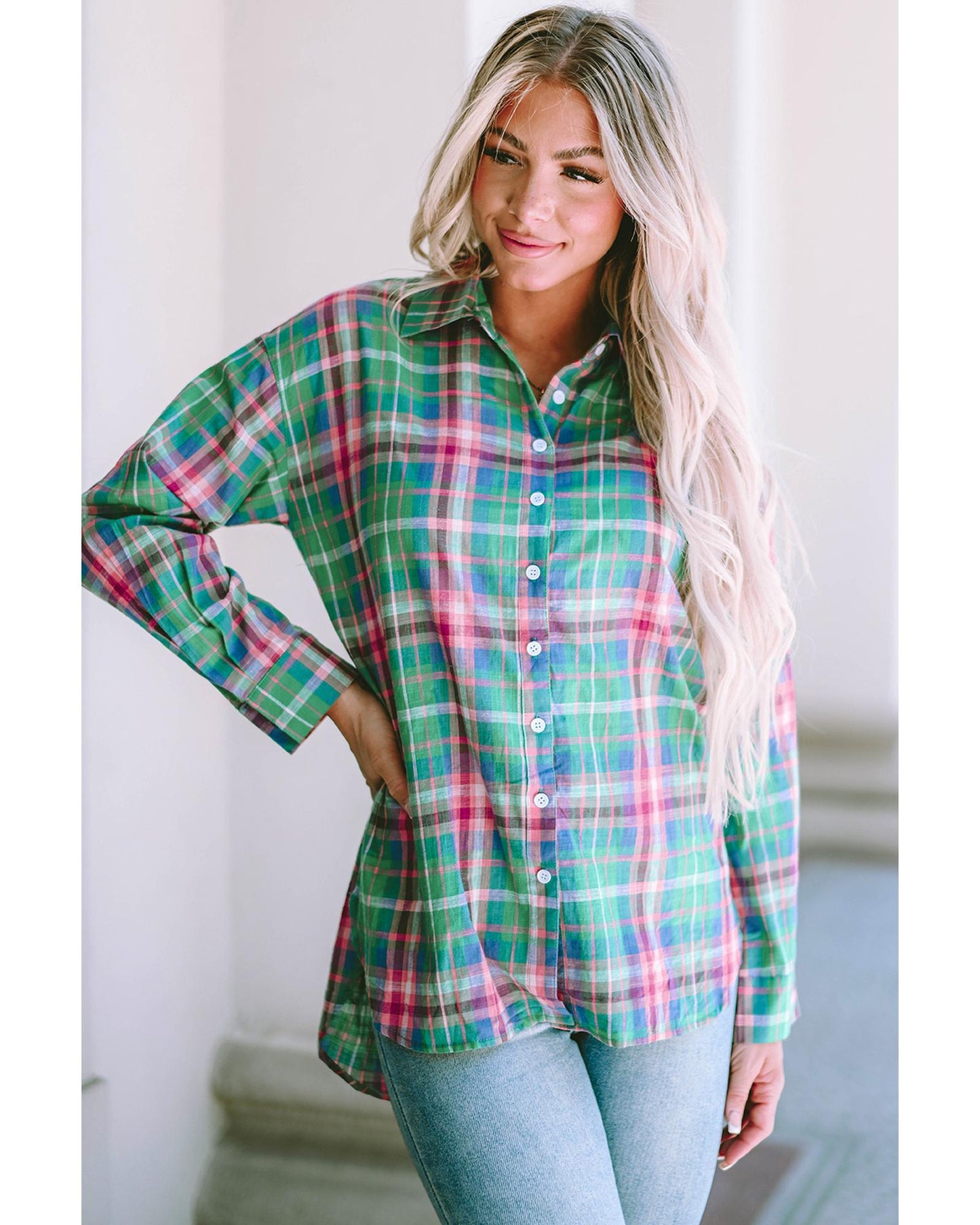 Azura Exchange Plaid Button Down Split Shirt - M