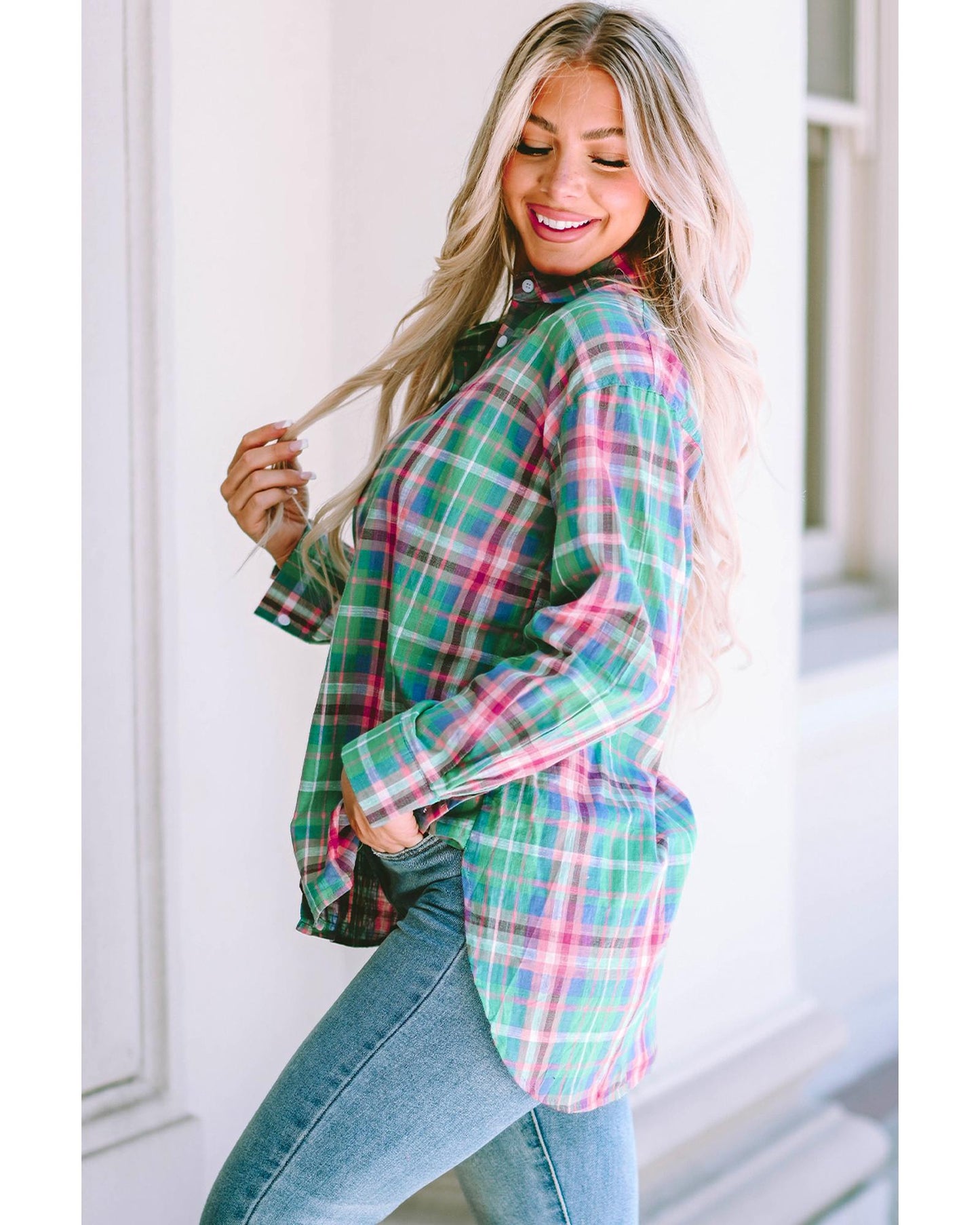 Azura Exchange Plaid Button Down Split Shirt - M