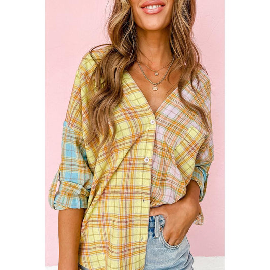 Azura Exchange Mixed Plaid Long Sleeve V Neck Buttoned Shirt - M