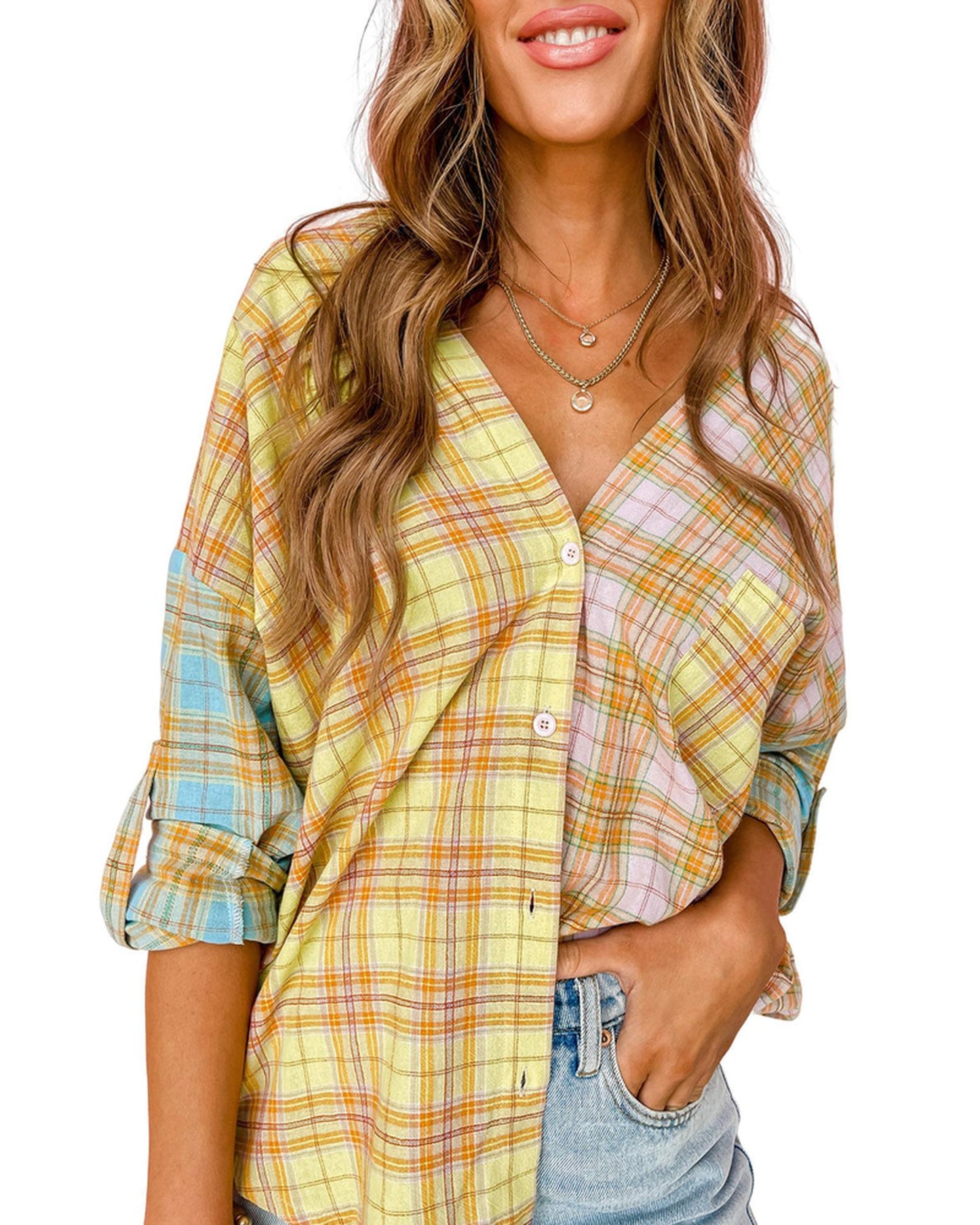 Azura Exchange Mixed Plaid Long Sleeve V Neck Buttoned Shirt - M