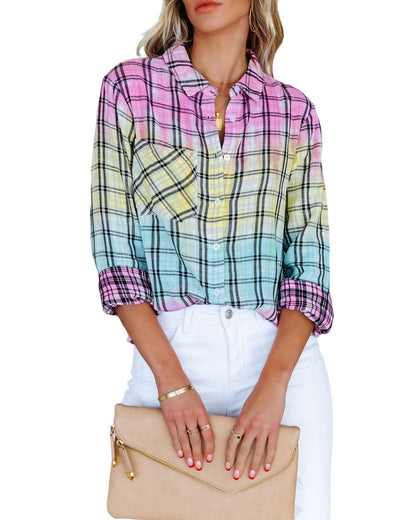 Azura Exchange Vibrant Tie Dye Plaid Button Up Shirt - M