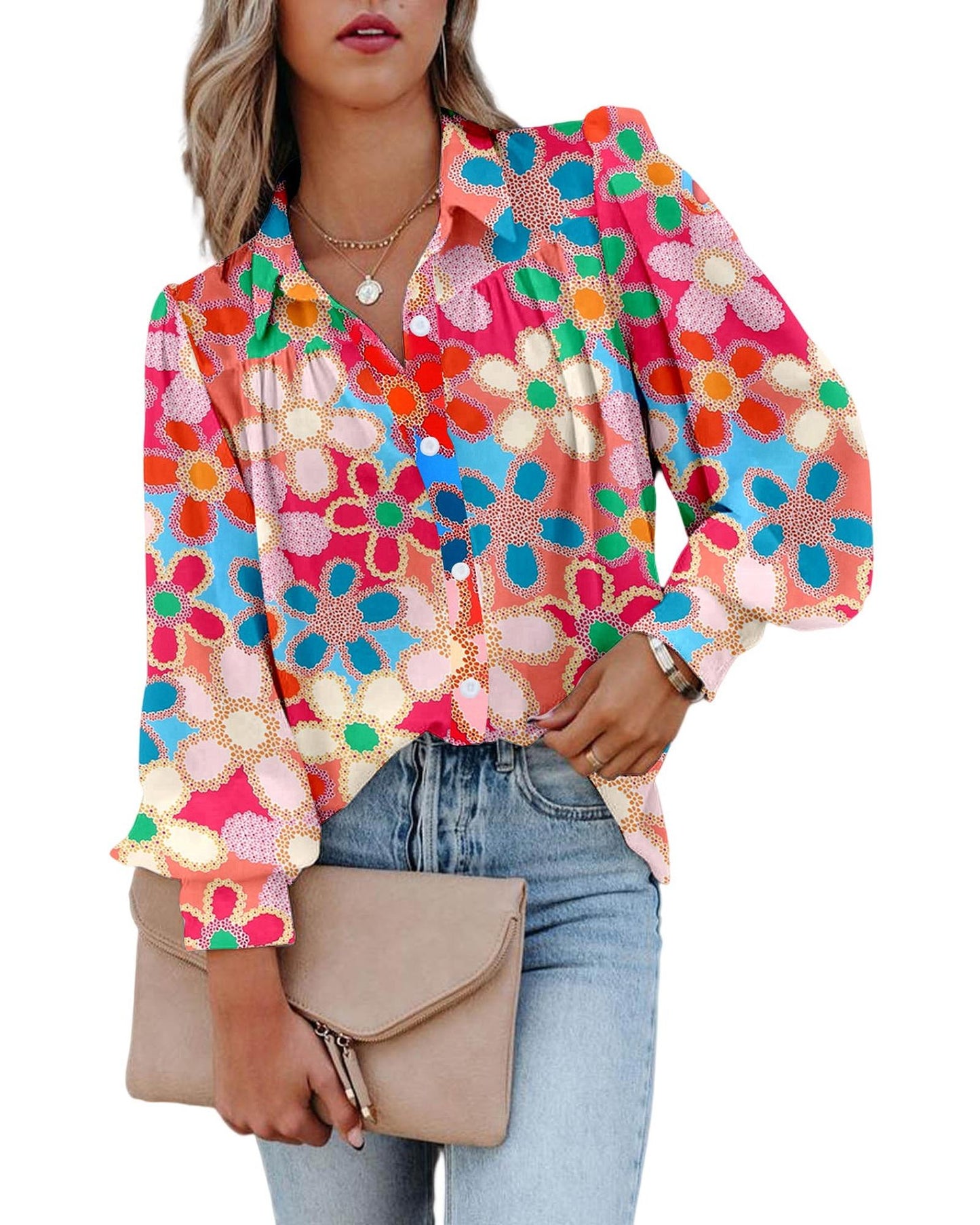 Azura Exchange Floral Print Bubble Sleeve Shirt - L