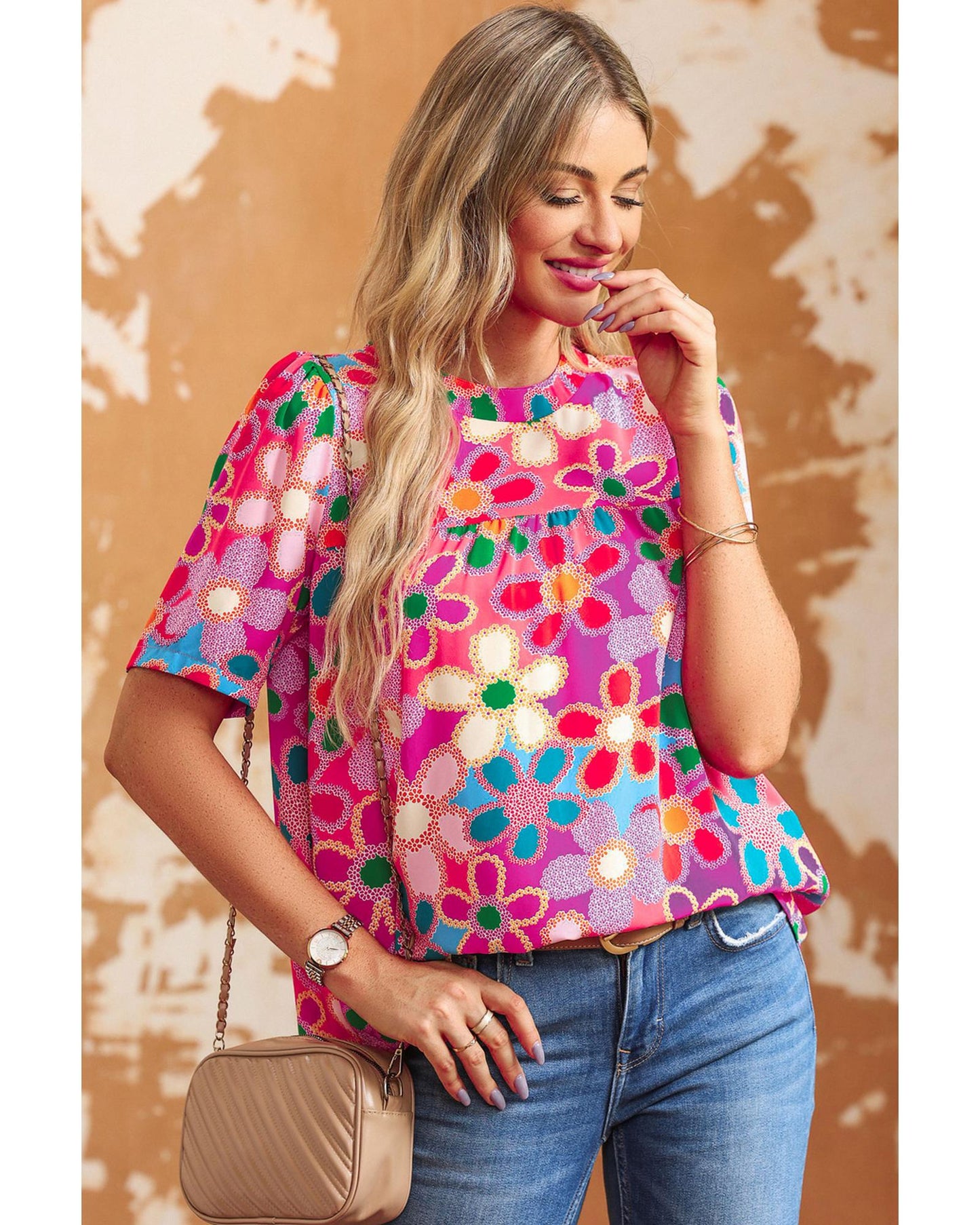 Azura Exchange Flower Print Puff Sleeve Top - L