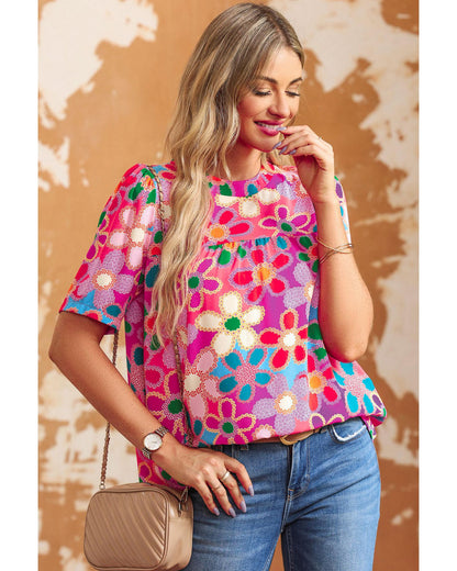 Azura Exchange Flower Print Puff Sleeve Top - L