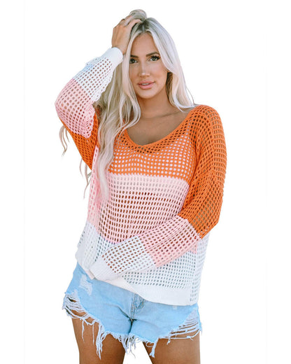 Azura Exchange Eyelet Knit Top with Twisted Back and Color Block Design - M