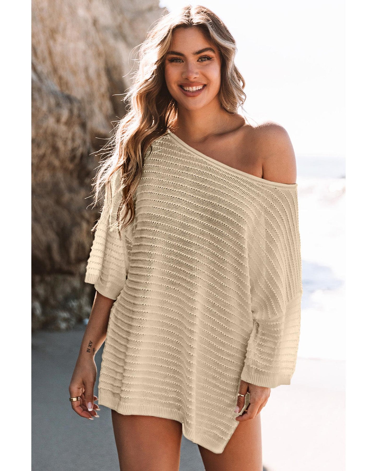 Azura Exchange Textured Knit Drop Shoulder Tee - M