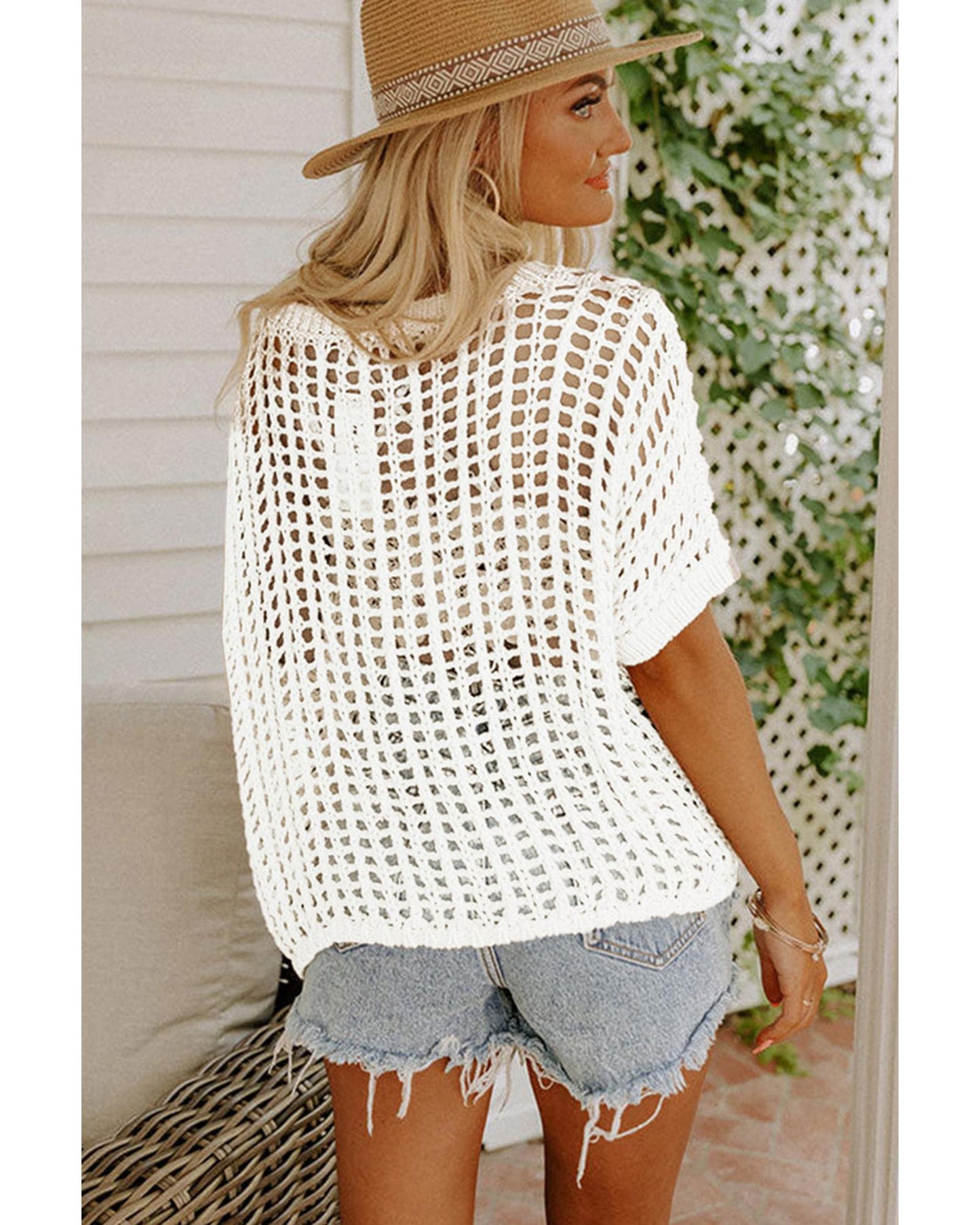 Azura Exchange Fishnet Knit Ribbed Short Sleeve Sweater Tee - M