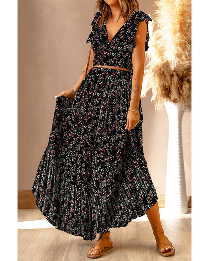 Azura Exchange Floral Ruffled Crop Top and Maxi Skirt Set - XL