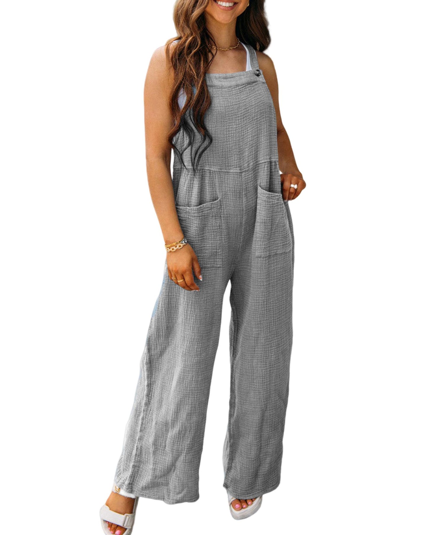 Azura Exchange Textured Wide Leg Overall with Pockets - L