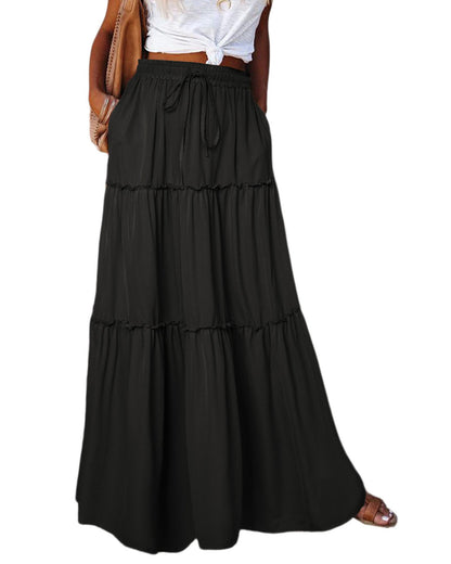 Azura Exchange Tiered Drawstring Waist Maxi Skirt - S