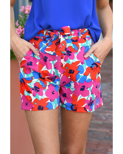 Azura Exchange Belted Floral Print Shorts - 10 US