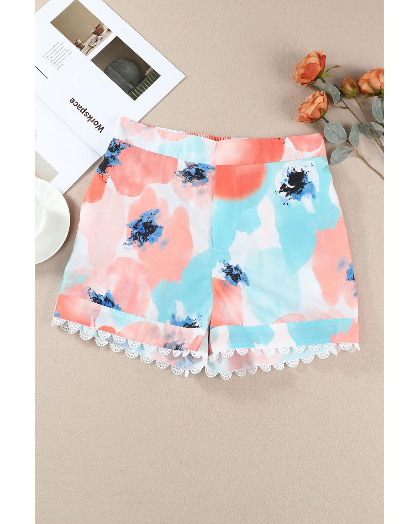 Azura Exchange Water Marbling Print Lace Trim Shorts - 16 US