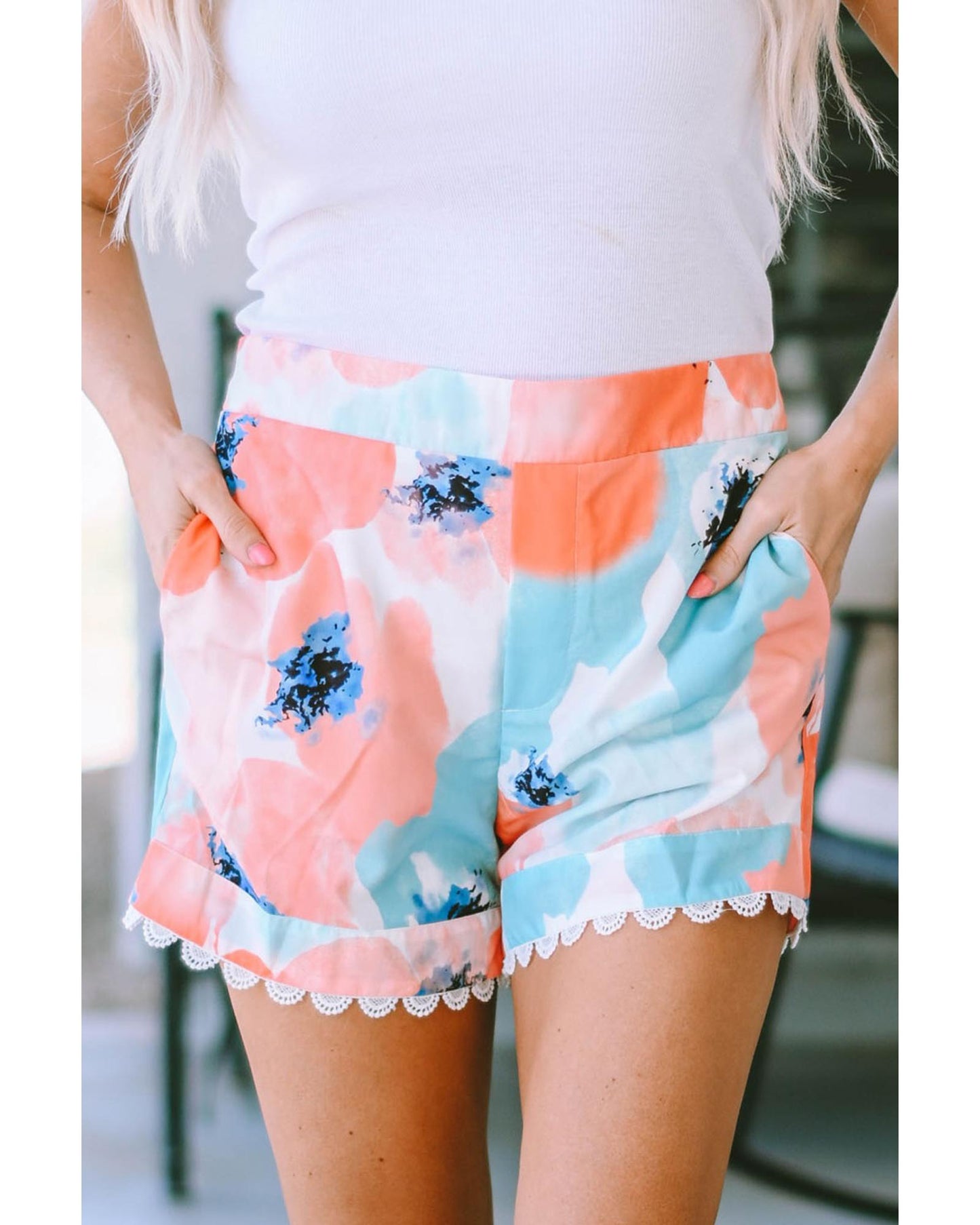 Azura Exchange Water Marbling Print Lace Trim Shorts - 4 US