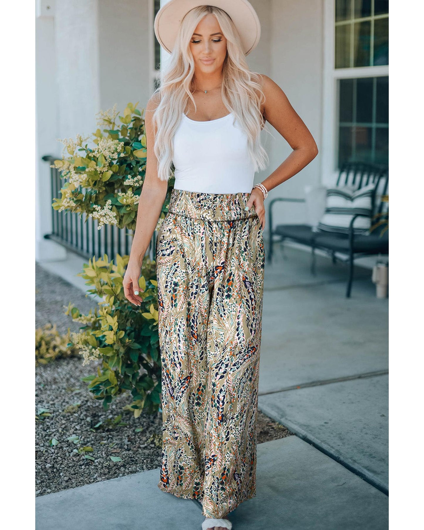 Azura Exchange Floral Print Shirred High Waist Wide Leg Pants - XL