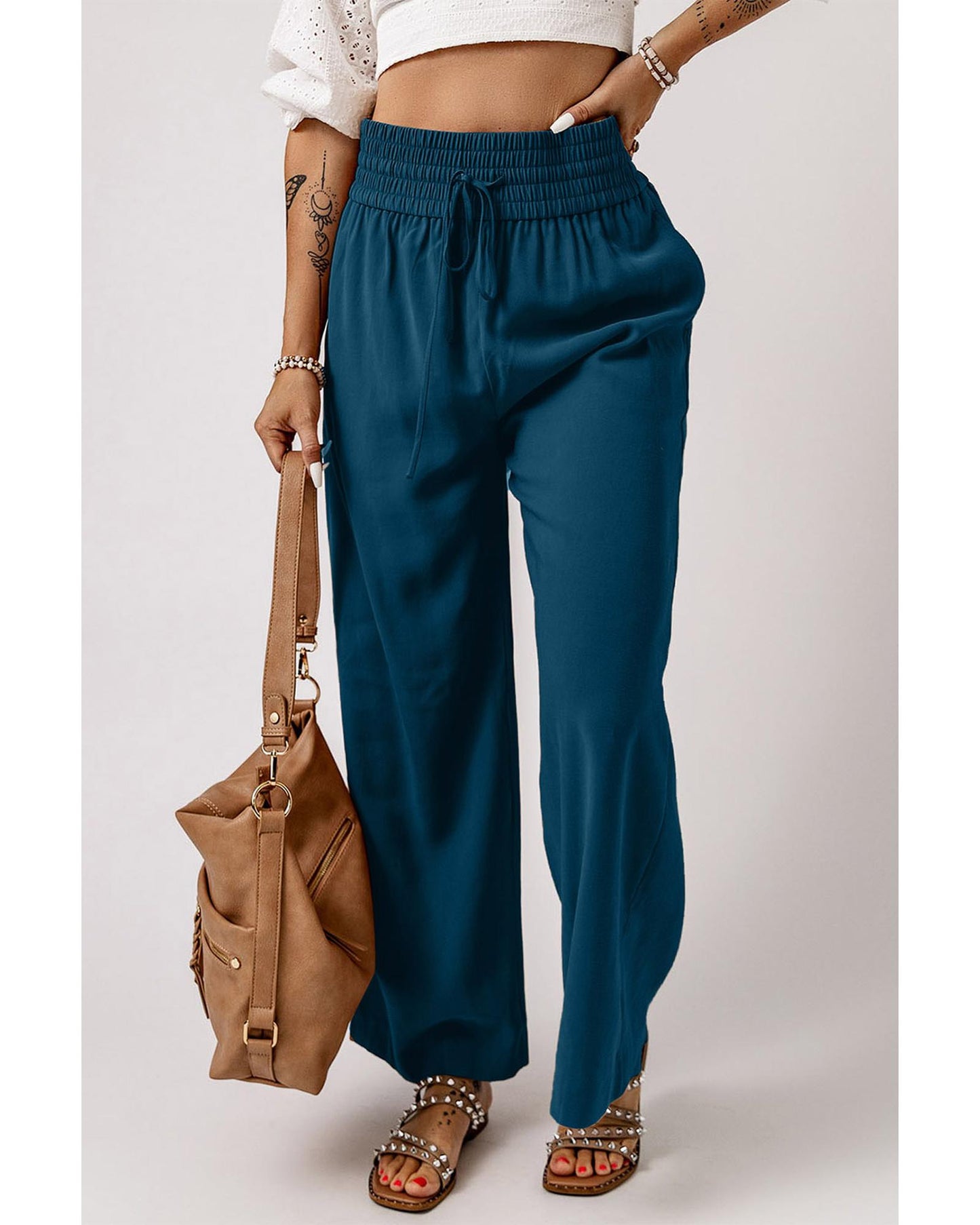 Azura Exchange Drawstring Elastic Waist Wide Leg Pants - L