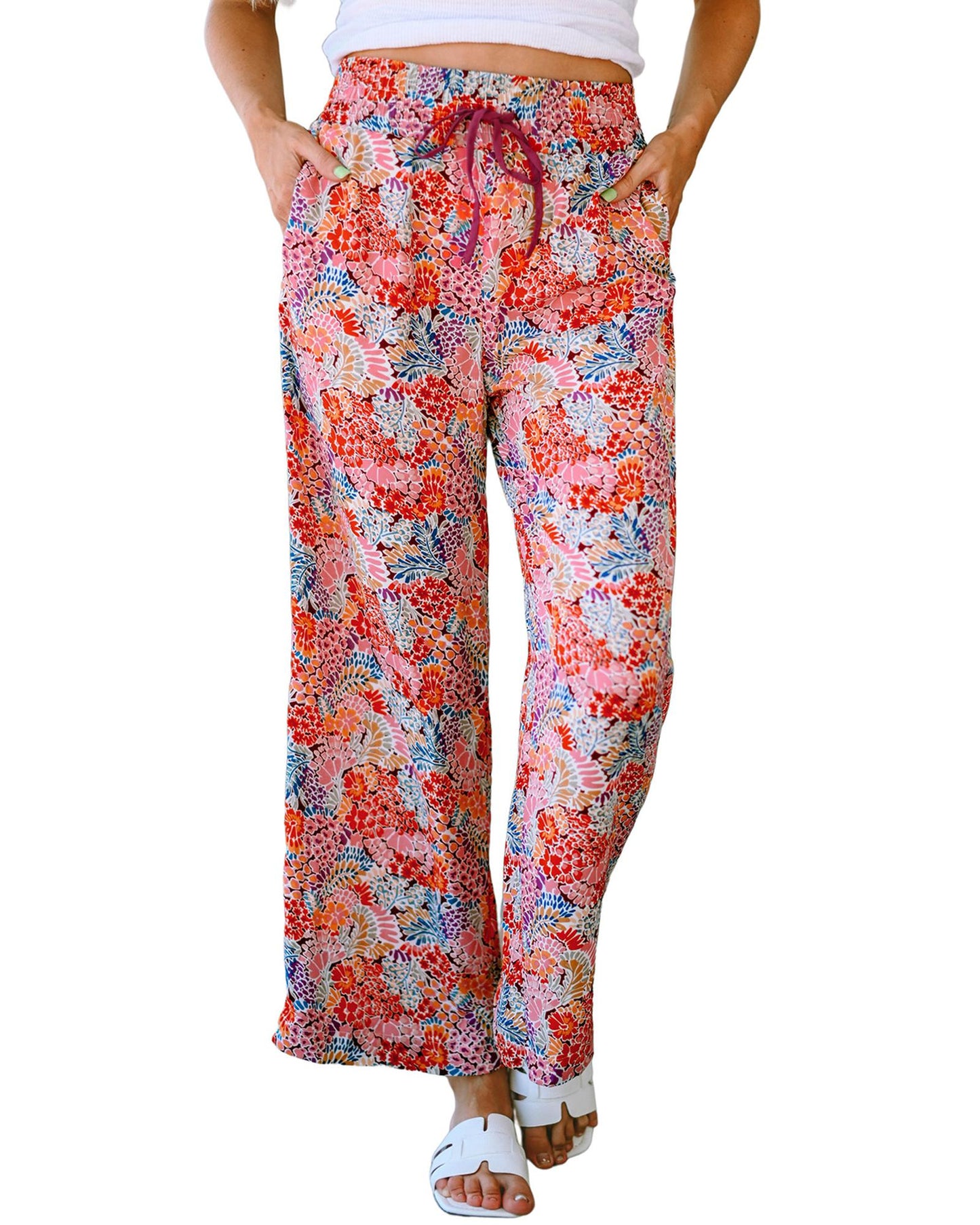 Azura Exchange Print Drawstring Smocked High Waist Pants - L