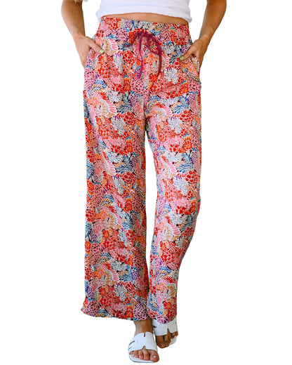 Azura Exchange Print Drawstring Smocked High Waist Pants - L