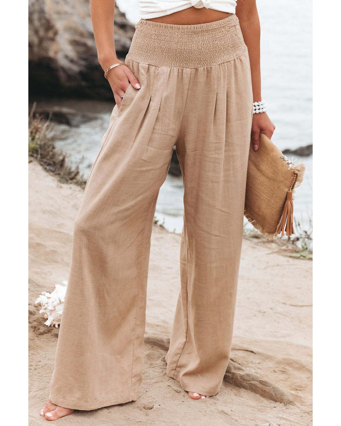 Azura Exchange Smocked High Waist Wide Leg Pants in Khaki - XL