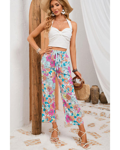 Azura Exchange Flower Print Pocketed Drawstring Waist Wide Leg Pants - M