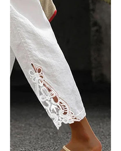 Azura Exchange Lace Splicing Drawstring Casual Cotton Pants - M