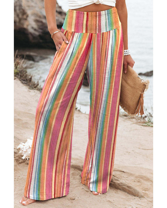 Azura Exchange Striped Smocked High Waist Wide Leg Pants - L