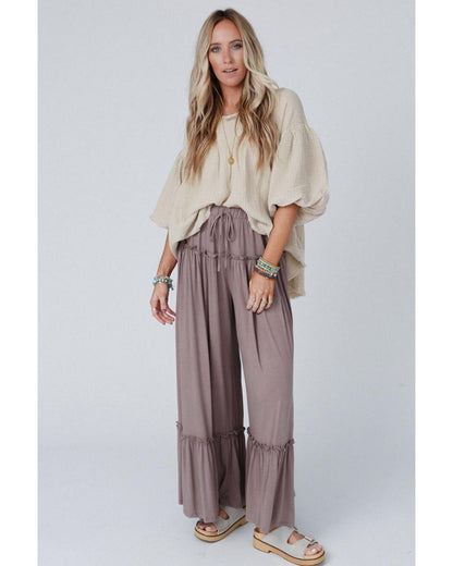 Azura Exchange Frilled Drawstring High Waist Wide Leg Pants - L