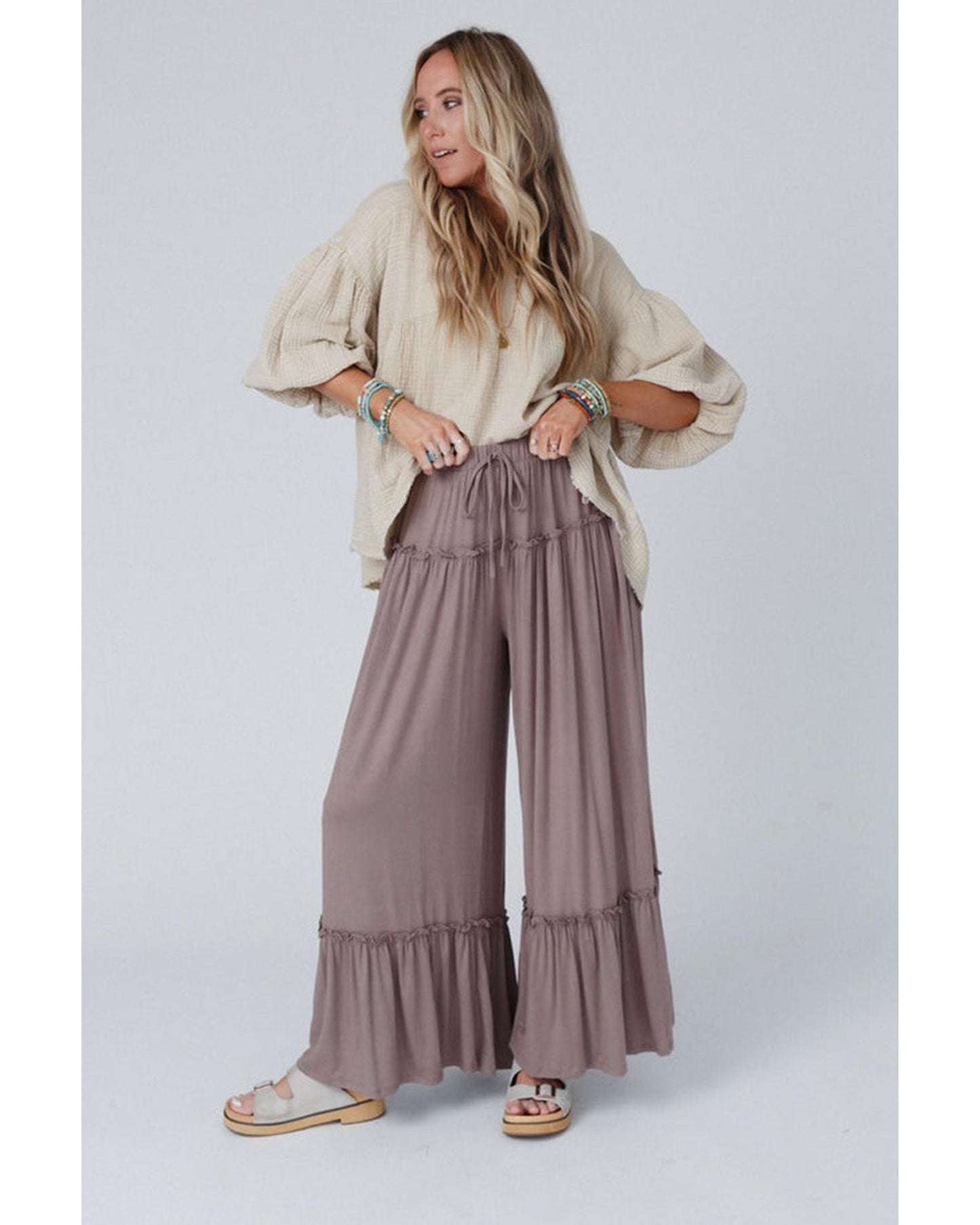 Azura Exchange Frilled Drawstring High Waist Wide Leg Pants - XL