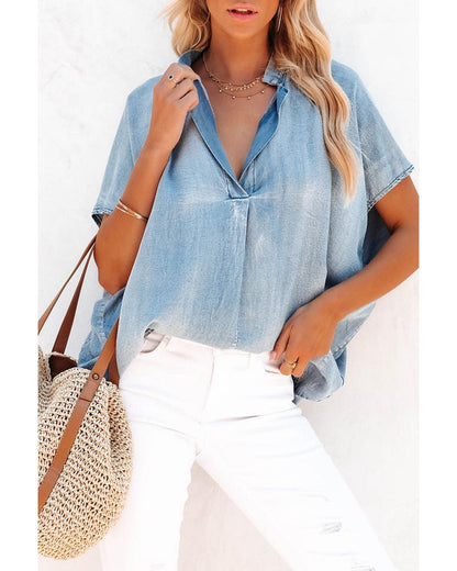 Azura Exchange V Neck Oversized Denim Blouse - L