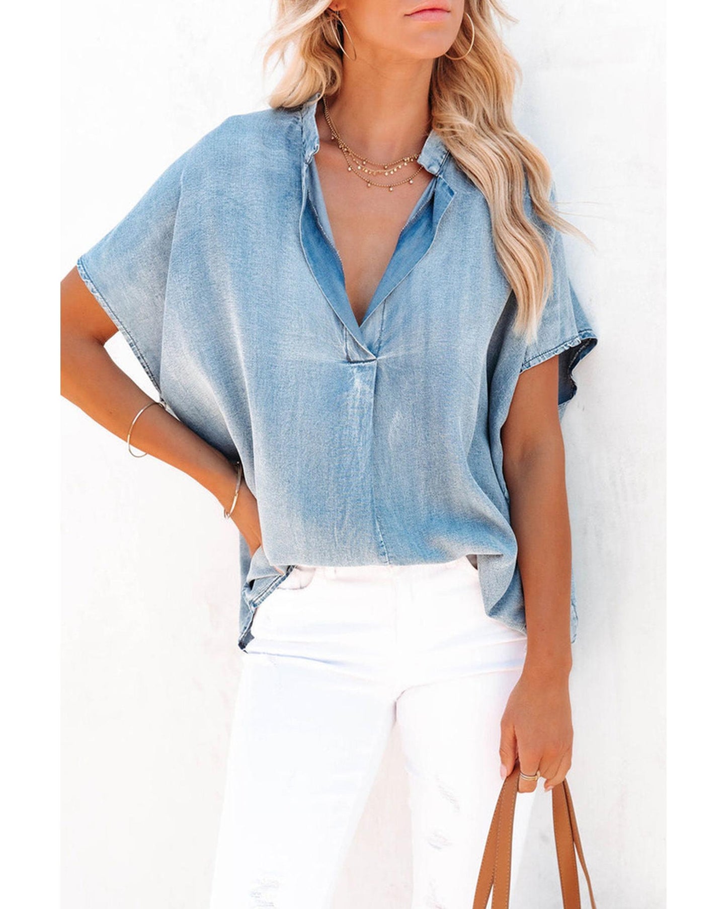 Azura Exchange V Neck Oversized Denim Blouse - L