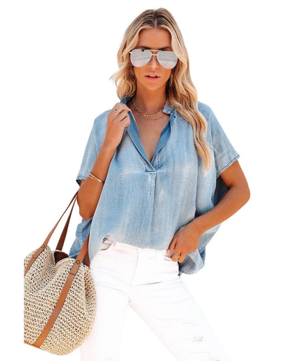 Azura Exchange V Neck Oversized Denim Blouse - L