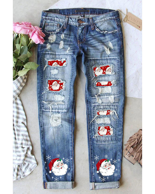 Azura Exchange Santa Claus Patchwork Distressed Boyfriend Jeans - 12 US