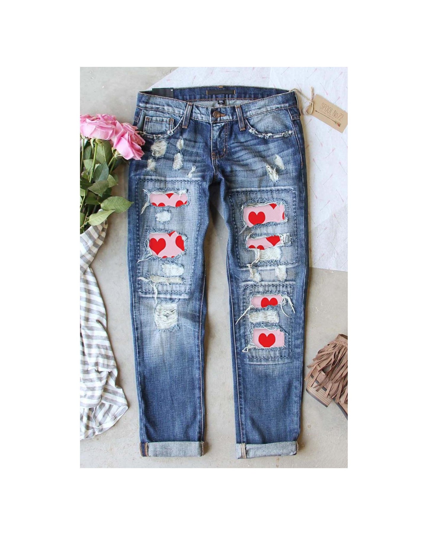 Azura Exchange Heart Patchwork Distressed Jeans - 10 US