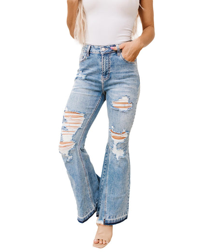 Azura Exchange Light Wash Distressed Flare Jeans - 10 US