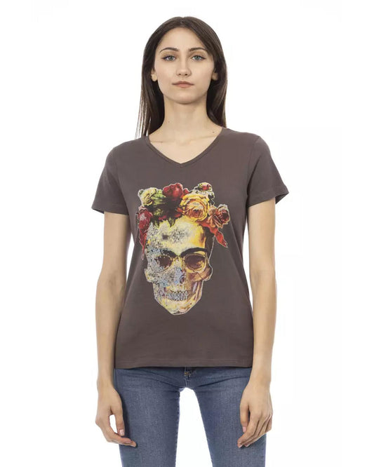 Short Sleeve V-Neck T-Shirt with Front Print M Women