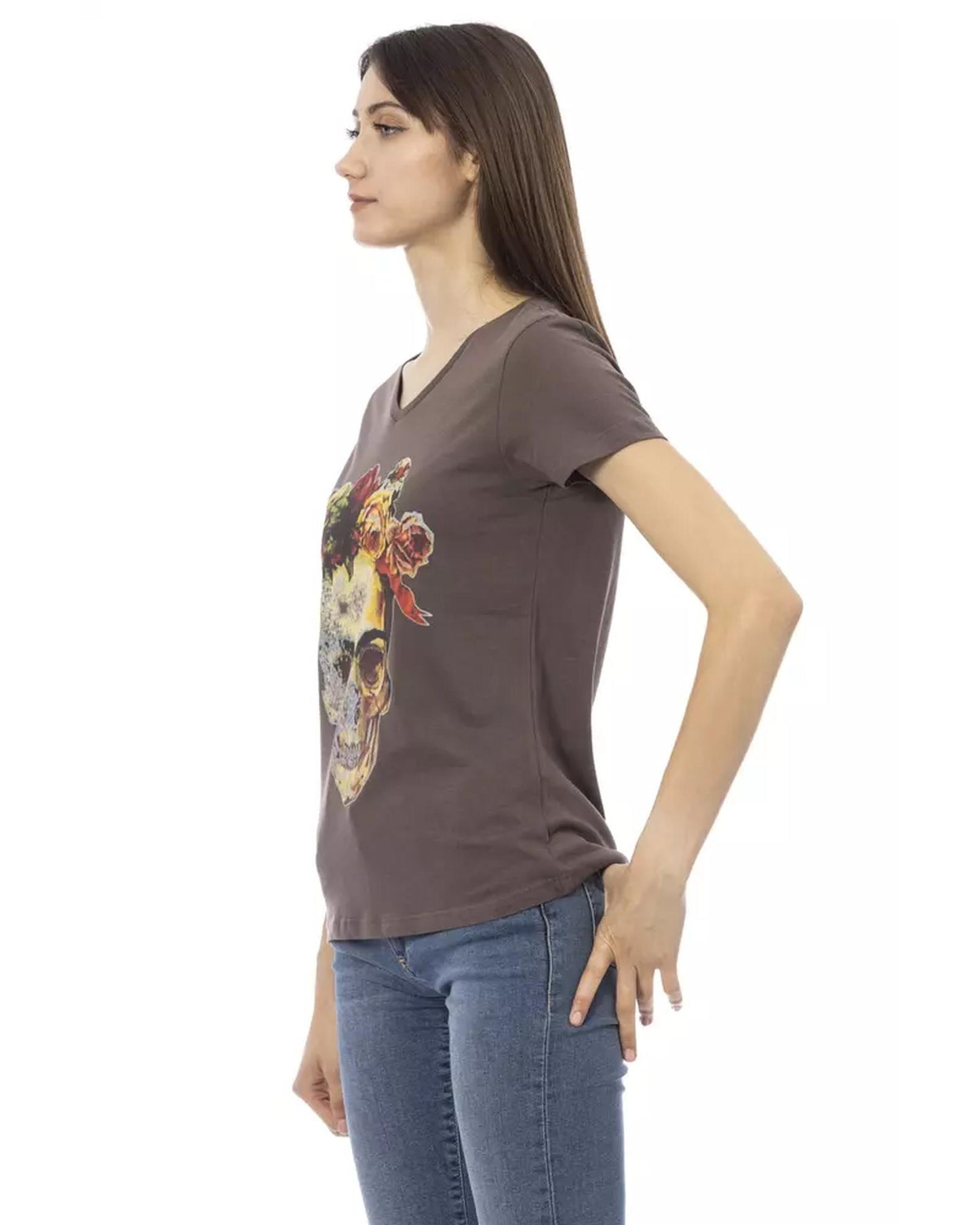 Short Sleeve V-Neck T-Shirt with Front Print M Women